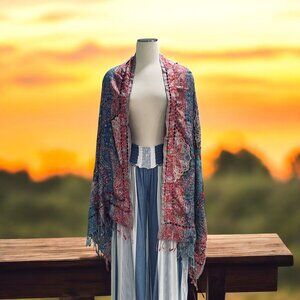 Boho Embroidered Festival Kimono Duster Open Front Rayon Fringe Wrap One Size